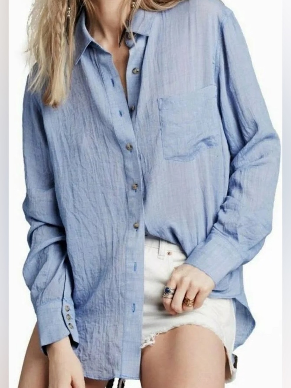 Free People Thats a Wrap Shirt Chambray Combo Blue M